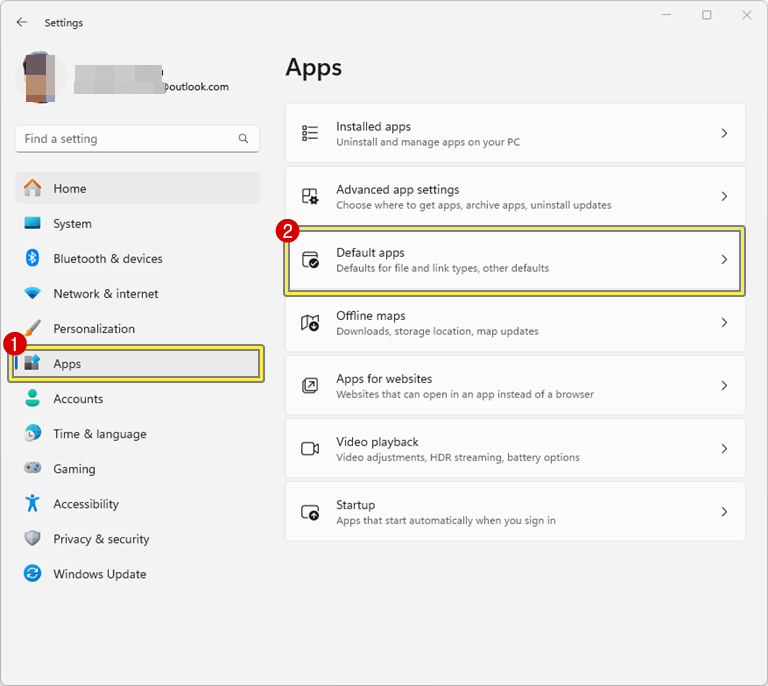 Open Default Apps option from Settings App