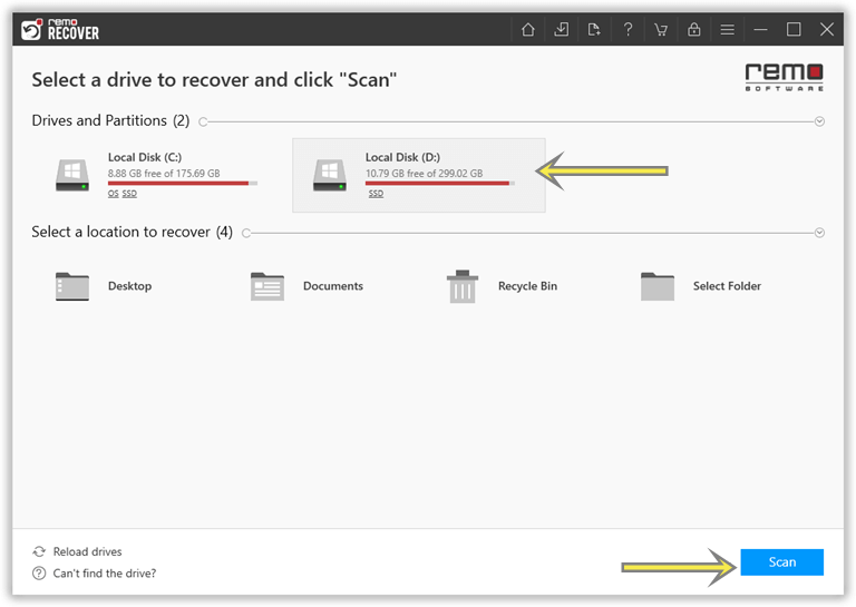 Select the Hard Drive Partition and click on Scan button in Remo Recover