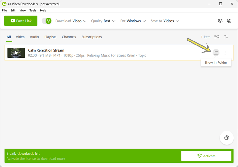 Show in folder downloaded video