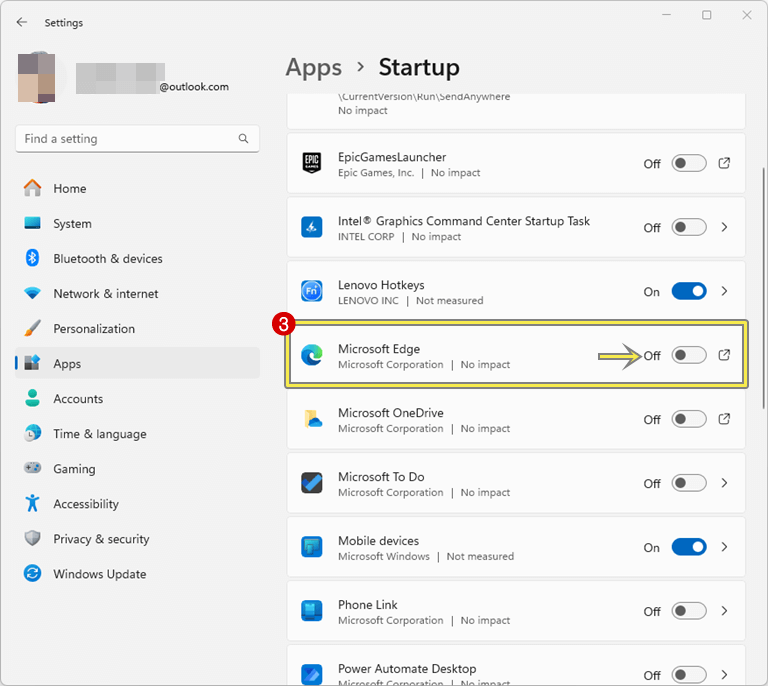 Toggle off Microsoft Edge option from Startup Apps