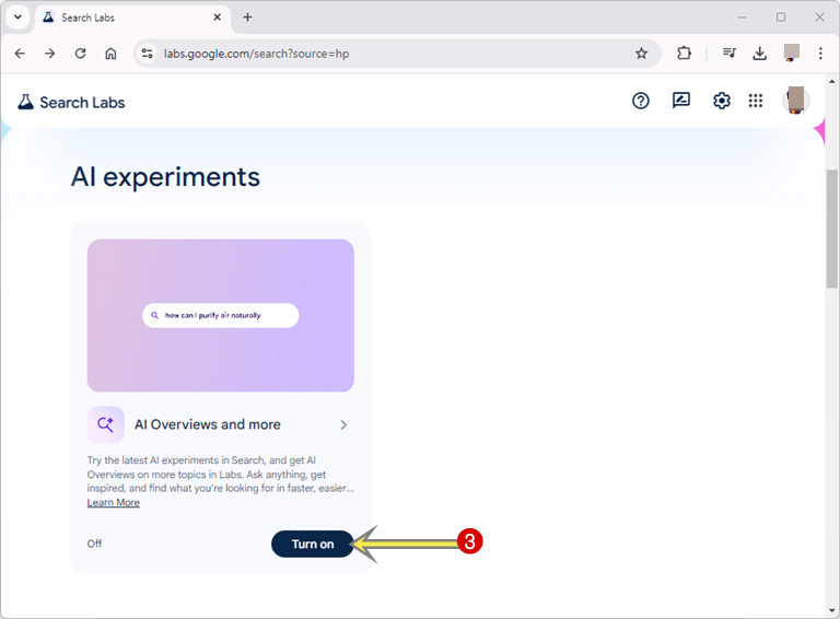 Click Turn On button to Enable Google Generative AI Search
