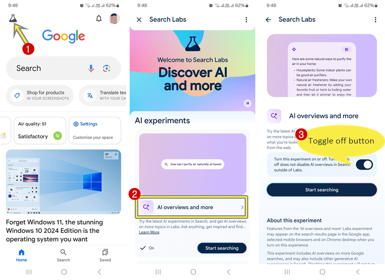 Disable Google Generative AI Search on Mobile Phone