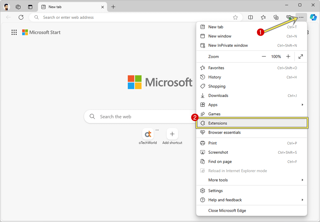 Open Extensions option in Edge