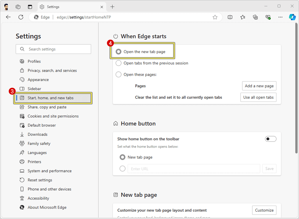 select New tab page from under the When Edge starts