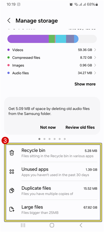 Delete Large Files, Duplicate files, and Unused apps from Samsung Device Care