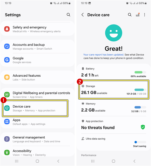 Open Samsung Device Care Storage option