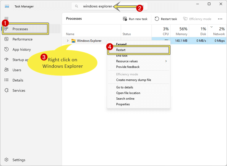Restart Windows Explorer to fix icon not showing in Windows 11