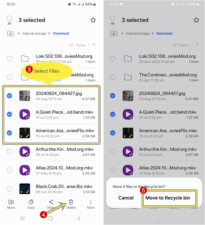 Select and delete downloads from My Files app