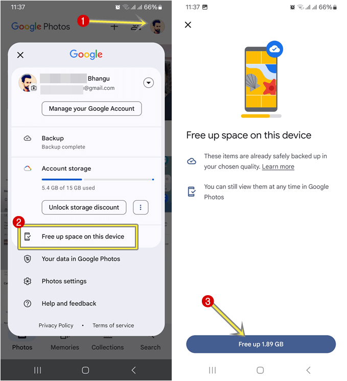 Use Google Photos to Free up space on your device