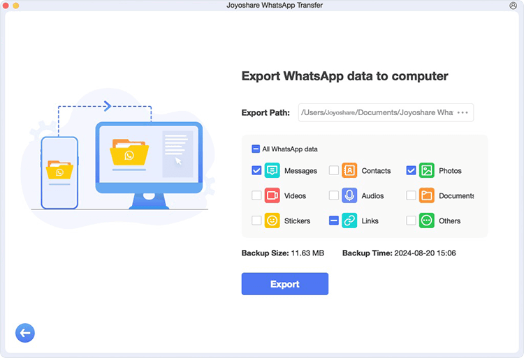 Click on Export button to save selected WhatsApp data