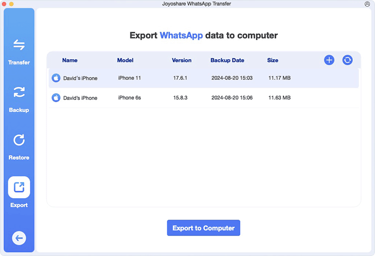 Export WhatsApp data to computer main window joyoshare