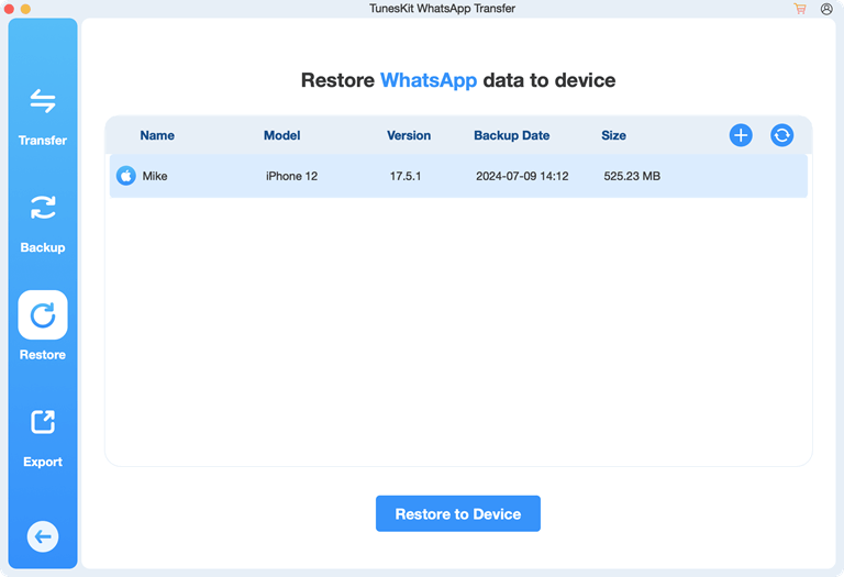 Restore WhatsApp Data using TunesKit tool