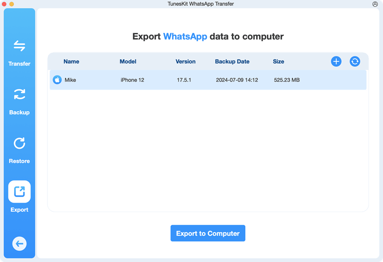 Select backup and click on export to computer button