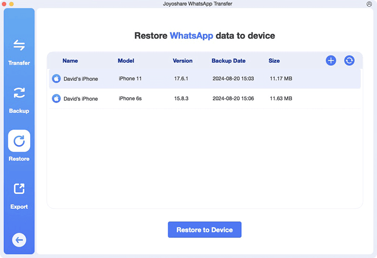 WhatsApp Restore to Device using Joyoshare
