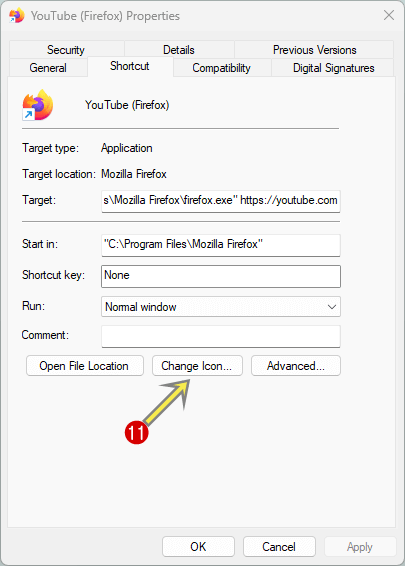 Click on chnage icon from youtube firefox shortcut properties