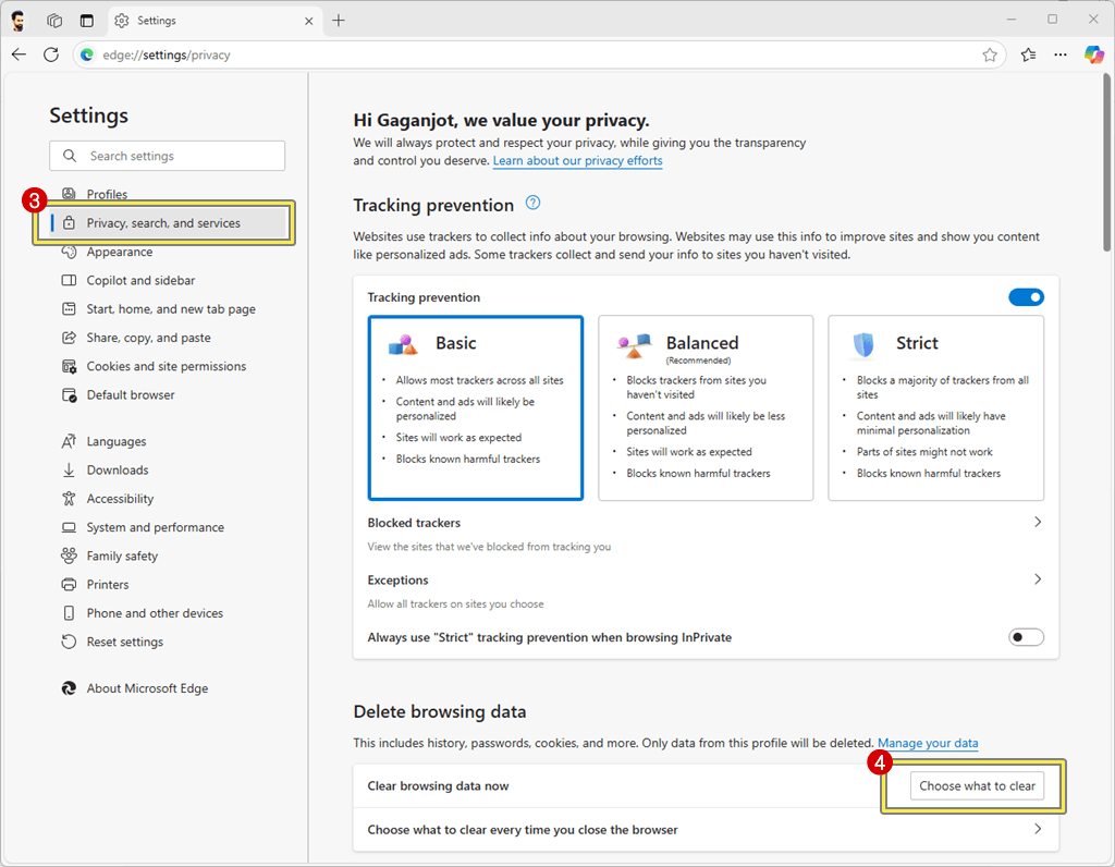 Click on choose what to clear button in edge