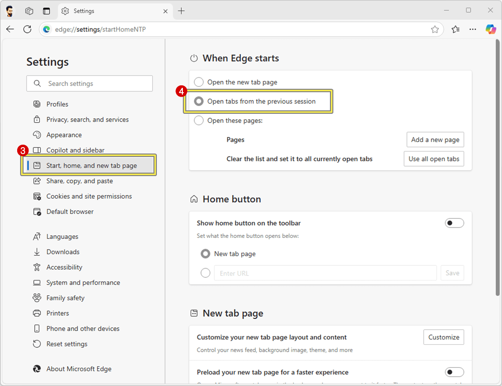 Select Open tabs from the previous session option