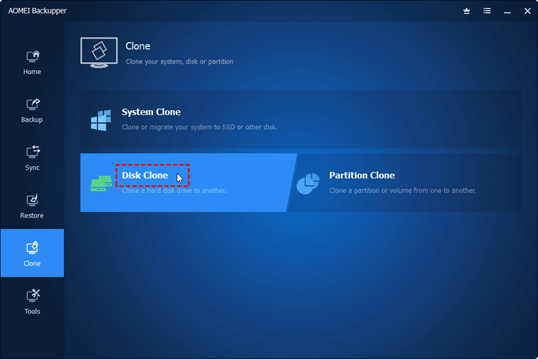 Click on Disk clone option from AOMEI Backupper tool