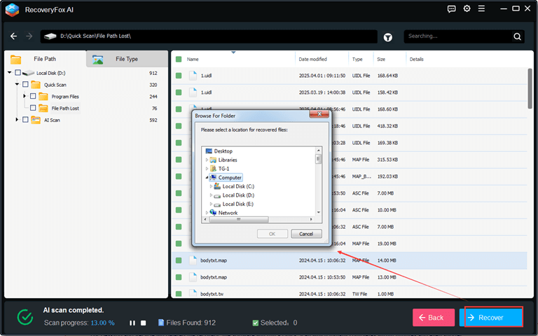 Click on the Recover button to recover the file