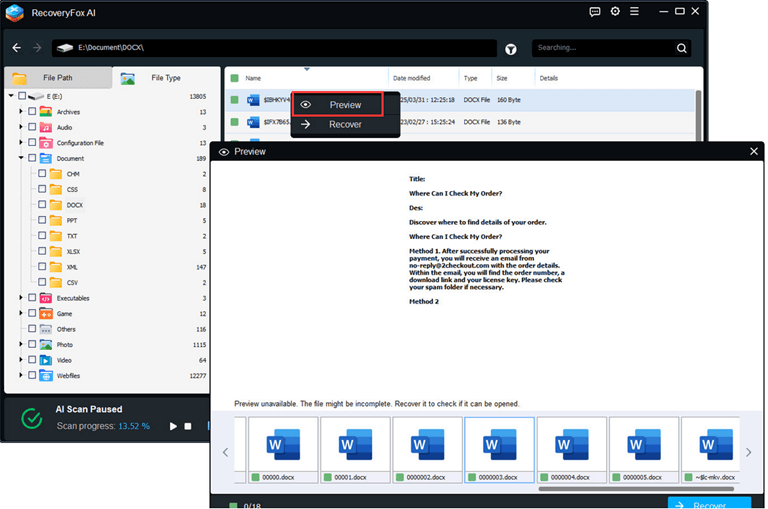 Select Preview browse for recoverable files