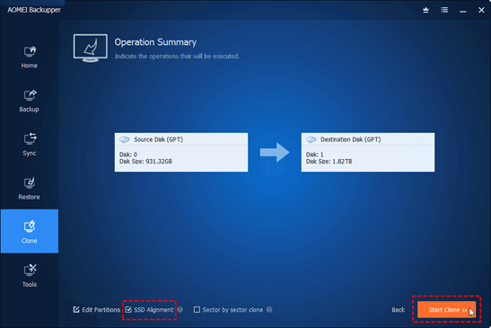 select the SSD Alignment option and click on start clone button