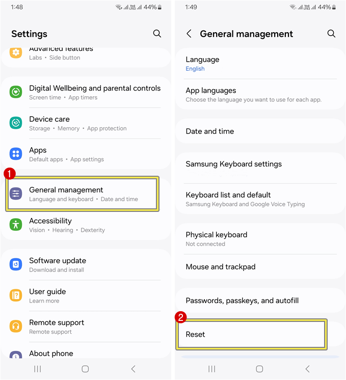 Go to Reset option from General Management