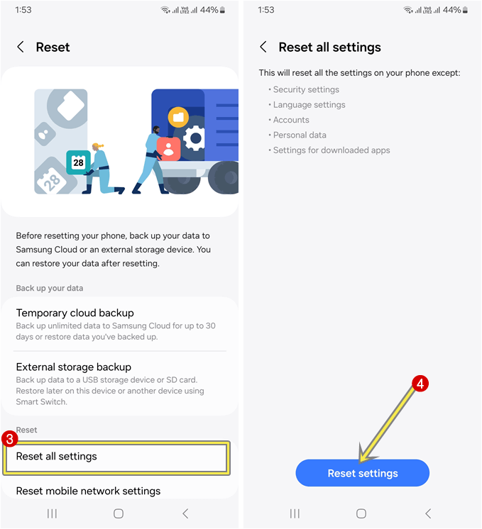 Reset all settings in smasung phone