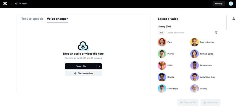 Capcut web voice change interface