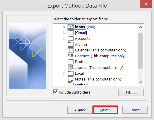 Select folders as well as sub-folders for the export