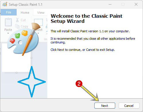 Click on Next from classic paint setup window