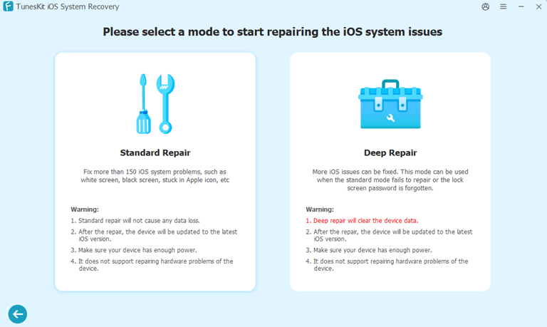 Select the repair mode to Standard Repair