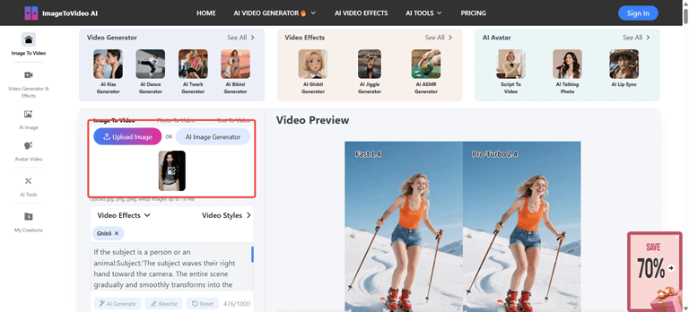 Upload image to ImagetoVideo AI