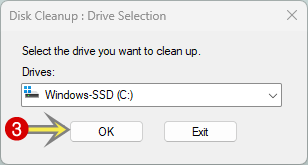 Click on Ok from Disk Clean up selecting drive popup