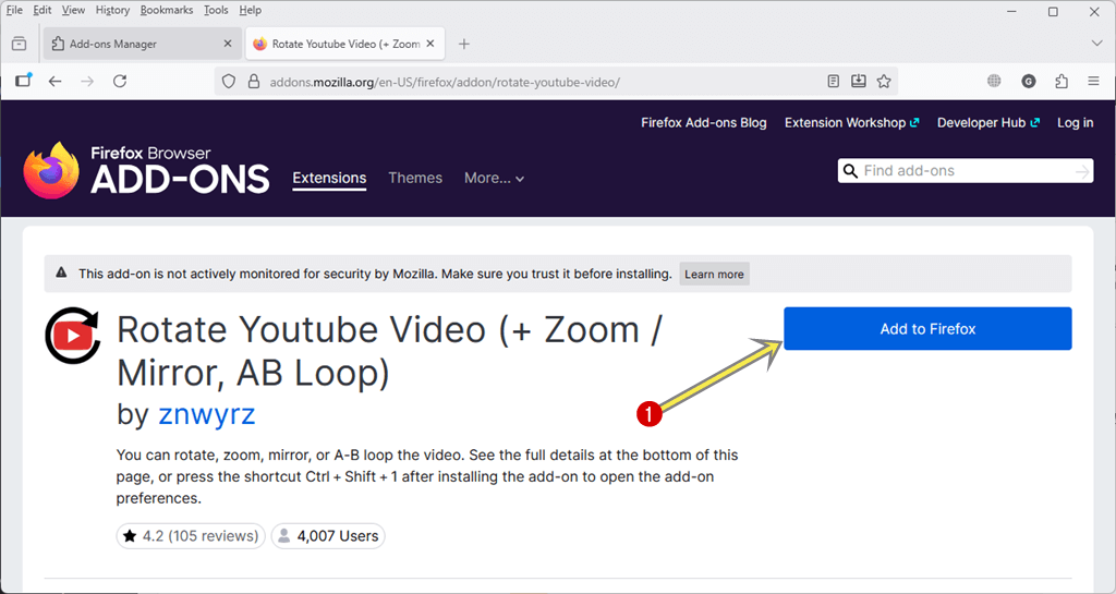 Open Rotate Youtube Video extension page and click on Add to Firefox button