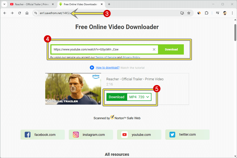 Paste the copied URL in savefrom.net and click on the Download