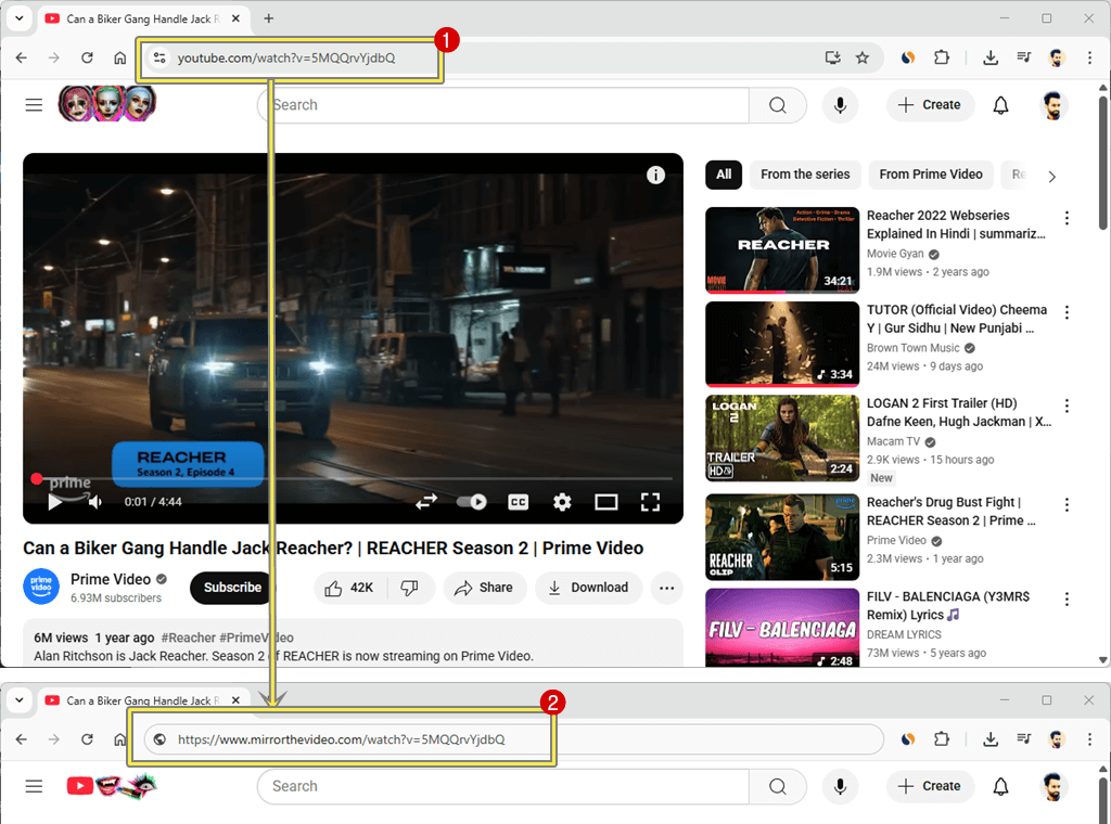 Replace the YouTube.com with Mirrorthevideo.com in the URL