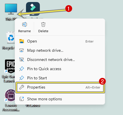 Right-click This PC and select the Properties
