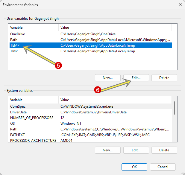 Select Temp and click on Edit button