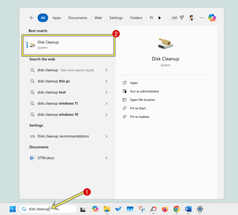 Type Disk Cleanup in windows search box