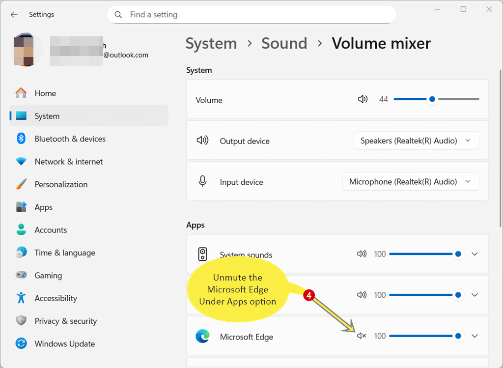 Click on the mute icon next to the Microsoft Edge to unmute it