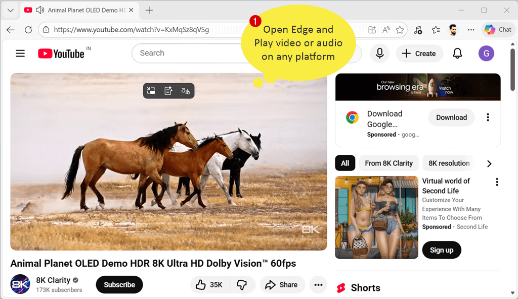 Open Edge browser and play video or audio on any platform