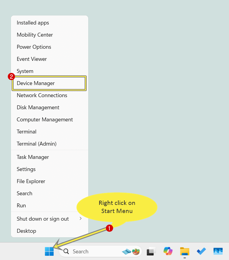 Right-click the Start menu icon and click on the Device Manager