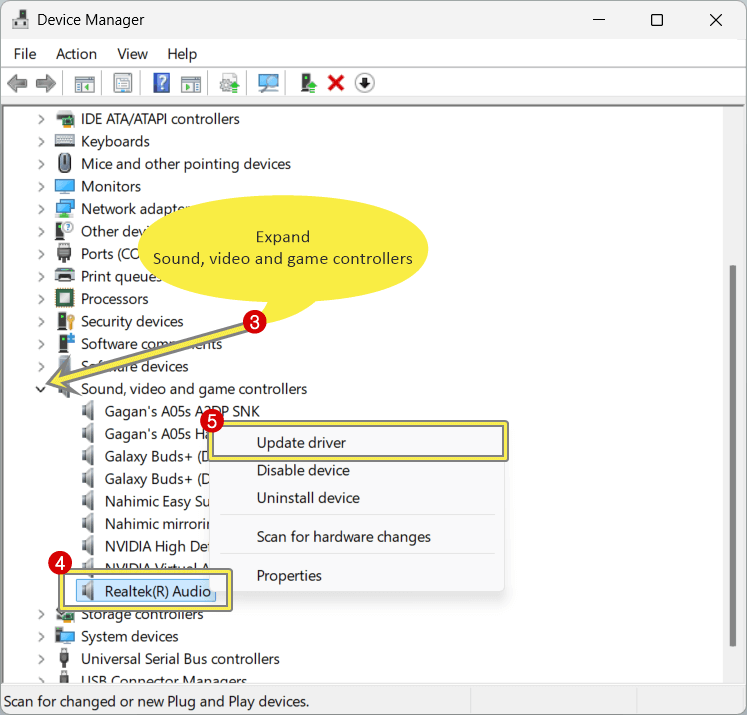 Right-click your audio device and click on the Update driver