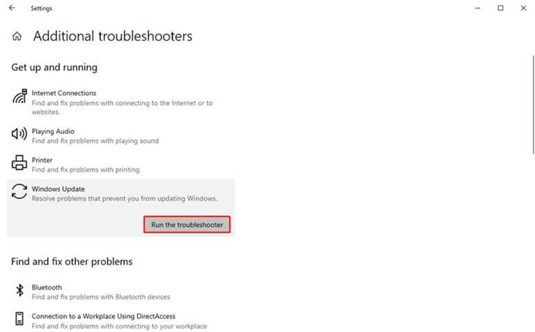 run the Windows update troubleshooter
