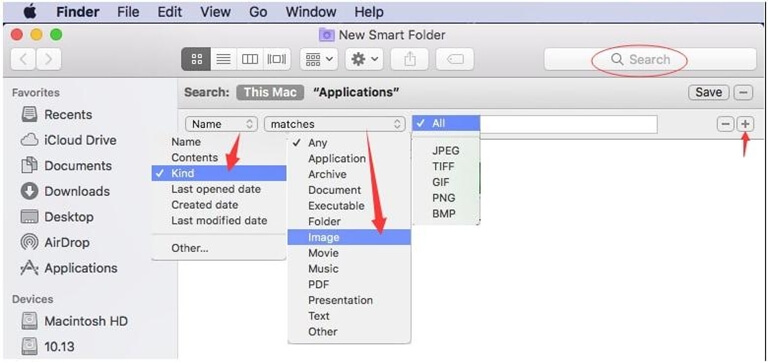Click the Search bar in the top-right corner. Search by date, location, or person.