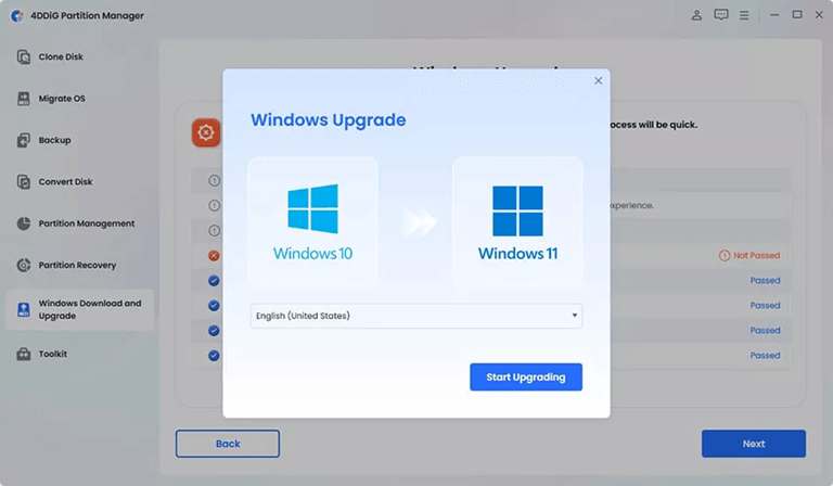 Select preferred language and region, then click Start Upgrading