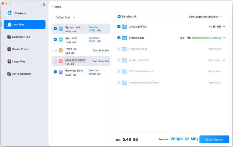 After scanning, review the detected junk. Then, click “Smart Cleanup” to remove selected files.