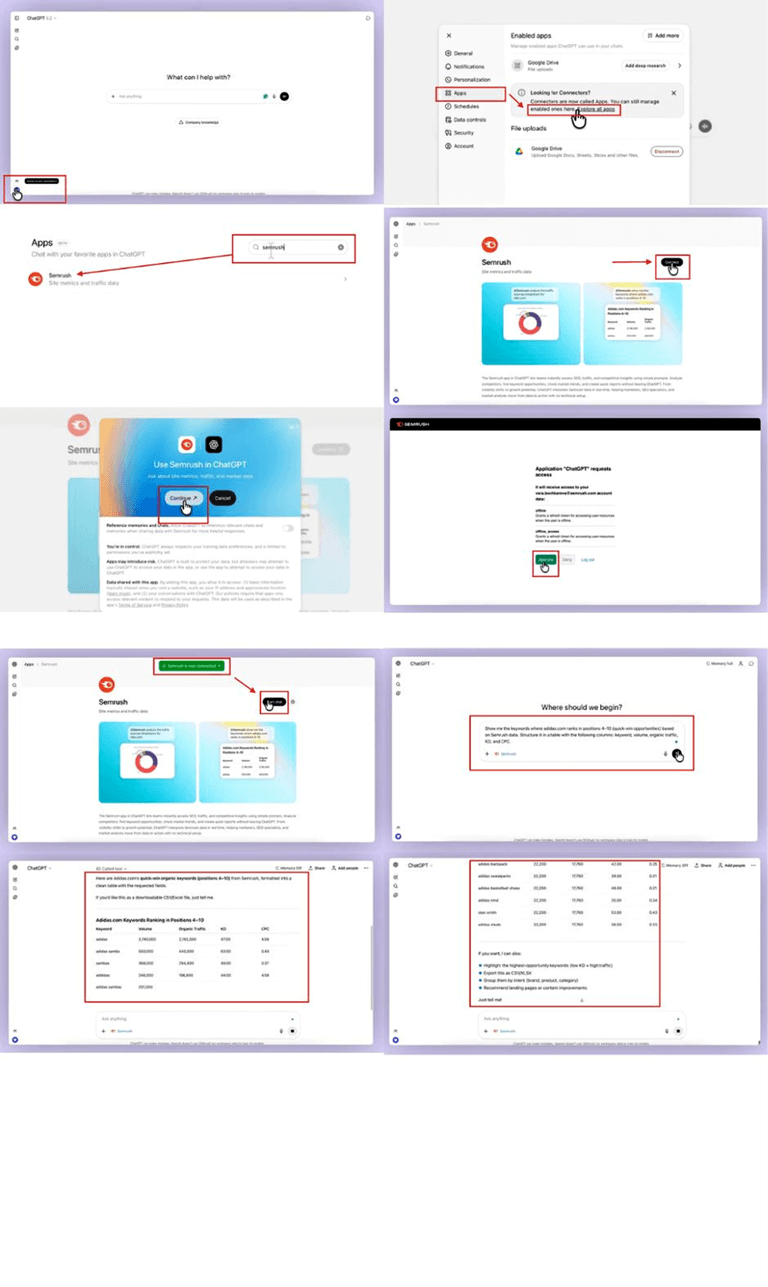 This is the easy steps on how to connect the Semrush app in ChatGPT for direct data access
