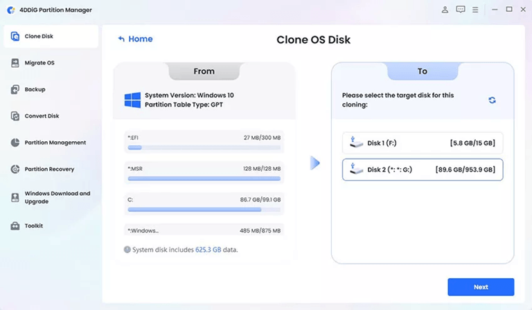 Select the “destination drive” where the cloned data will be stored.