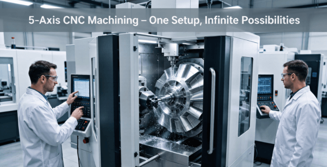 A top-angle view of a modern CNC workshop showing a five-axis machining center cutting a complex aerospace turbine disc with coolant mist and chips flying, engineers monitoring nearby.